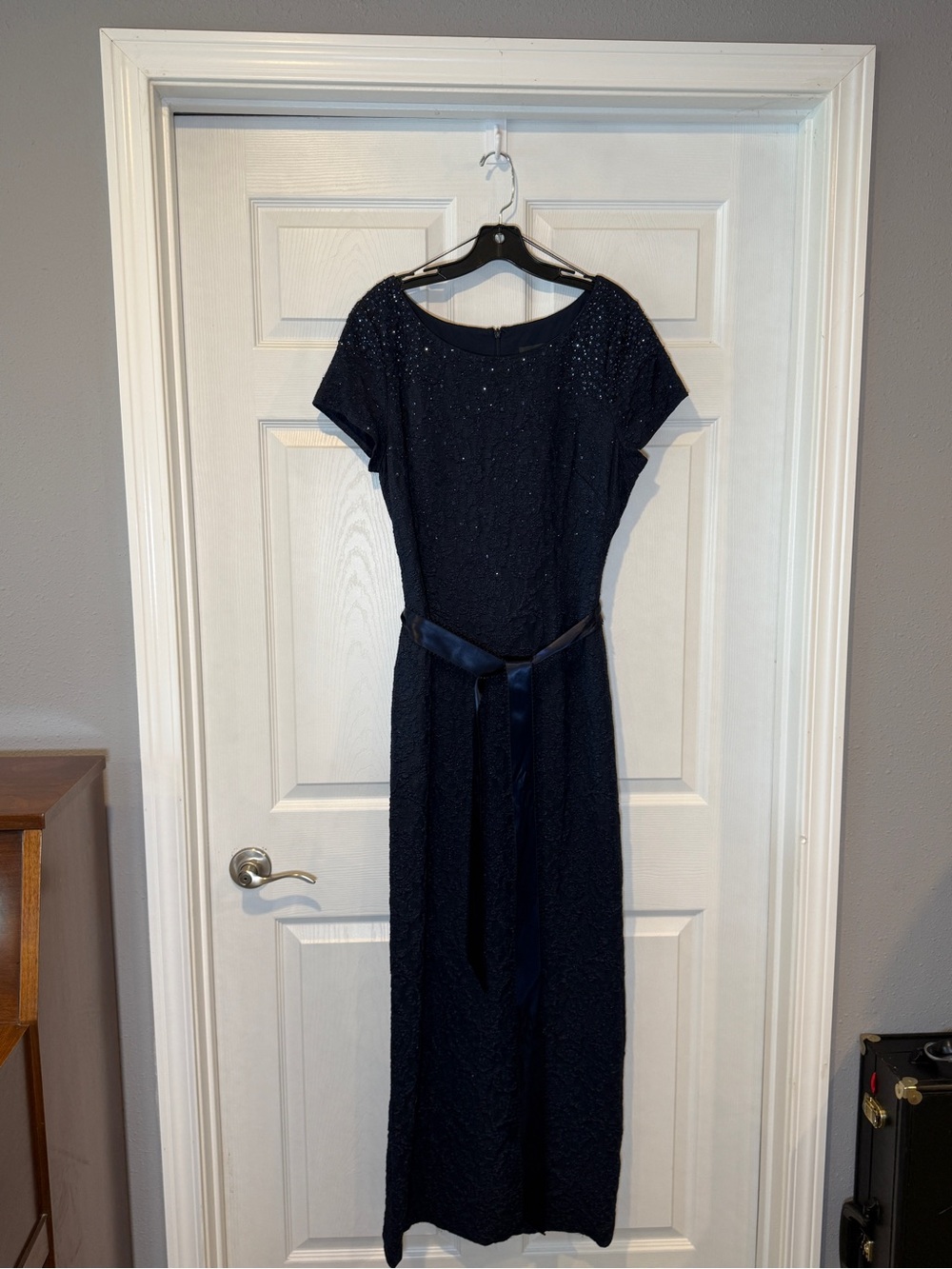 Adrianna Papell Navy Blue Beaded Maxi Dress with Satin Tie